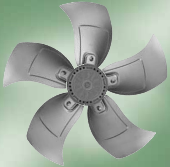 A impeller of an axial fan with blades which are made from aluminum plates.