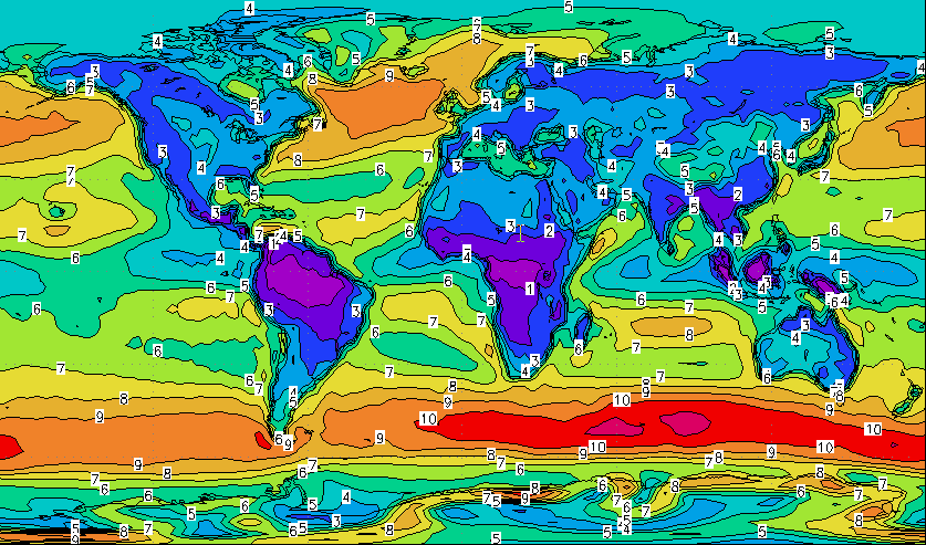 Větrná mapa Země ve výšce 10 m nad povrchem