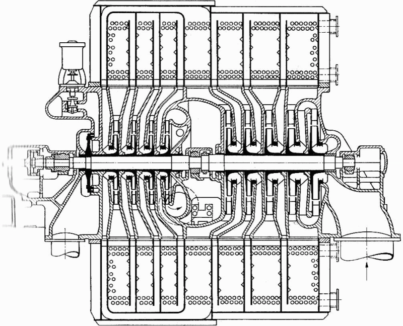 Devítistupňový turbokompresor s integrovaným turboexpandérem
