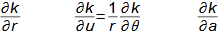 Derivace funkce k=f(r, ν, a) ve válcové soustavě souřadnic